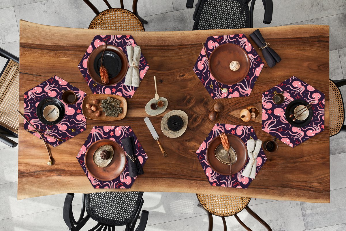 Placemats hexagon - Onderleggers placemats - Placemat zeshoek - Octopus - Baby - Design - 6 stuks