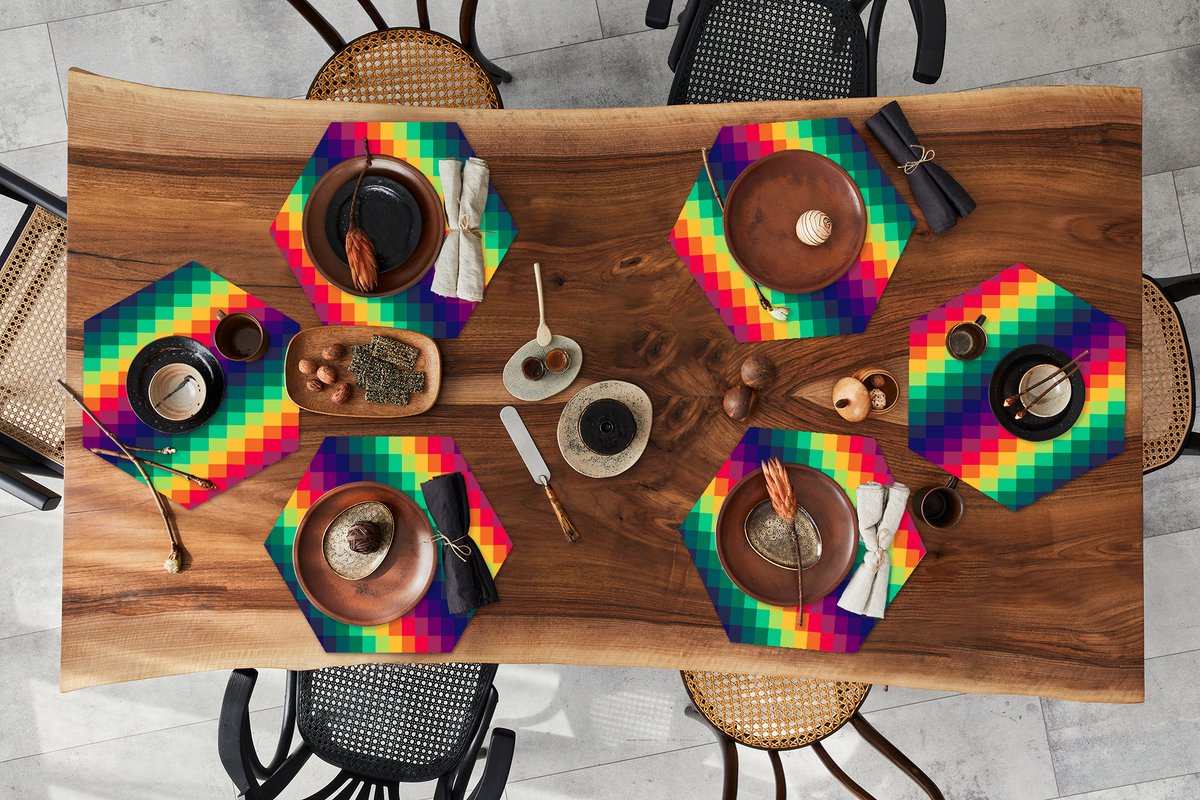 Placemats hexagon - Onderleggers placemats - Placemat zeshoek - Regenboog - Patronen - Pixel - 6 stuks