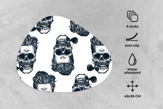 Placemat organisch - Placemats organic - Onderleggers - Puber - Skull - Pijp - Patronen - 6 stuks