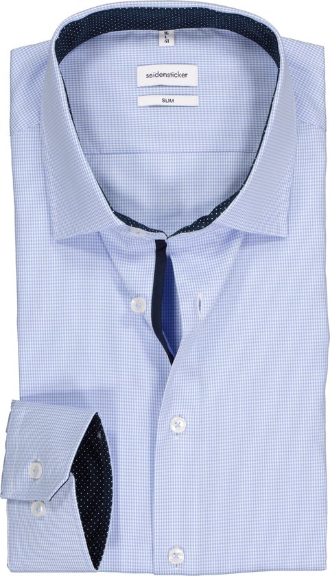 Seidensticker slim fit overhemd - blauw met wit geruit (contrast) - Strijkvrij - Boordmaat: 43