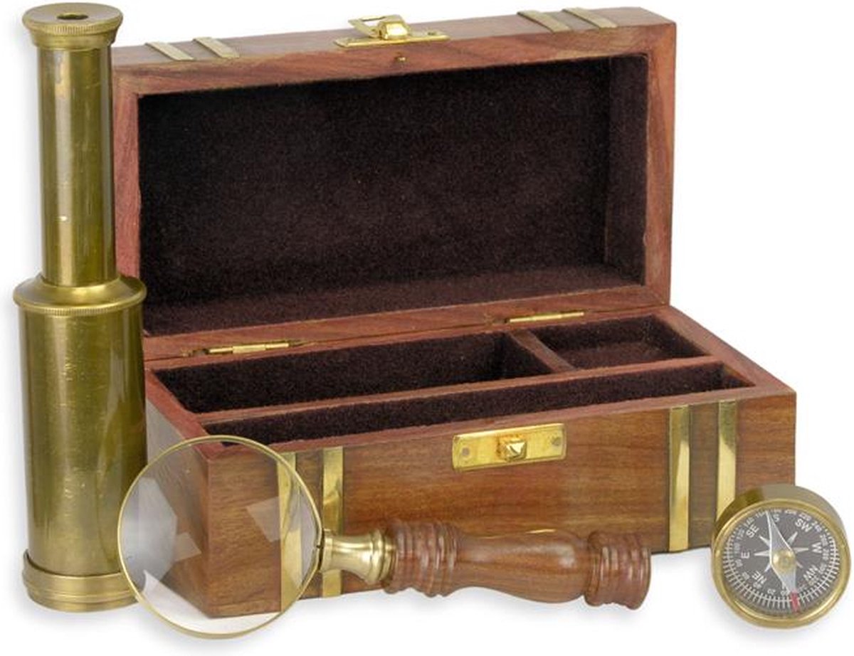 Set Maritieme instrumenten - Vergrootglas, kompas en verrekijker - Verken de zeven zeeen - 7,4 cm hoog