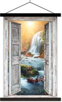Posterhanger incl. Poster 60x90 cm - Schoolplaat - Waterval - Doorkijk - Landschap - Textielposter - Zwarte latten