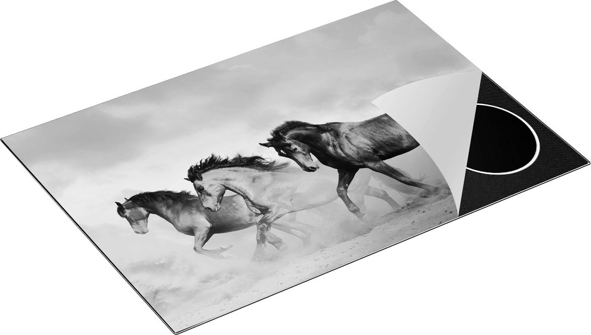Chefcare Inductie Beschermer Drie Bruine Paarden - Zwart Wit - 75x52 cm - Afdekplaat Inductie - Kookplaat Beschermer - Inductie Mat