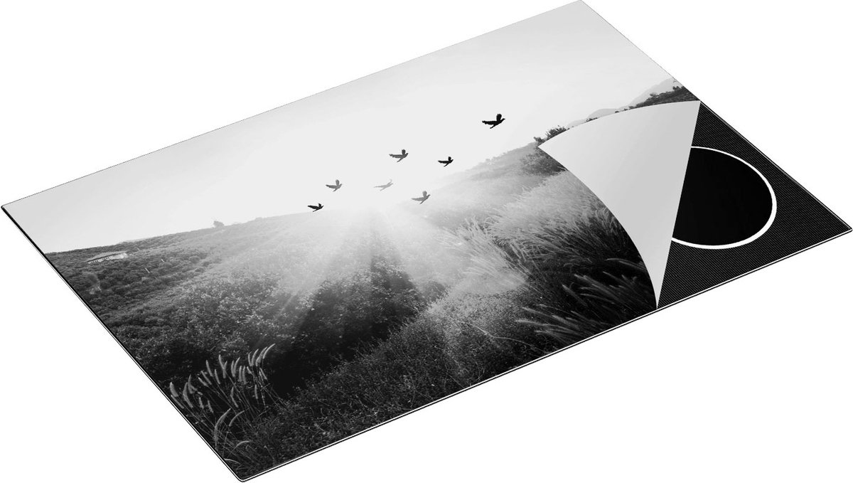 Chefcare Inductie Beschermer Silhouet Zwerm Vogels bij Zonsondergang - Zwart Wit - 81,2x52 cm - Afdekplaat Inductie - Kookplaat Beschermer - Inductie Mat