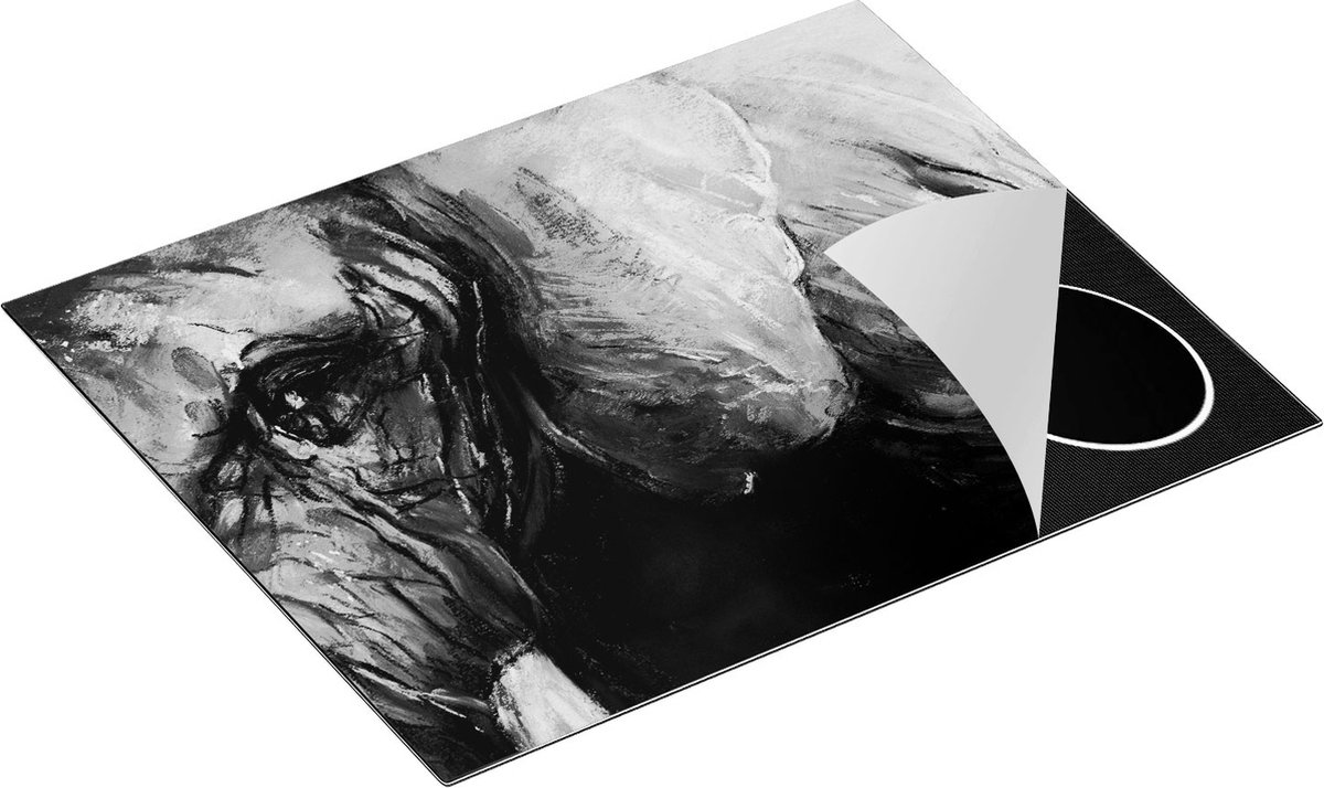 Chefcare Inductie Beschermer Getekende Olifant van Dichtbij - Abstract - Zwart Wit - 65x50 cm - Afdekplaat Inductie - Kookplaat Beschermer - Inductie Mat