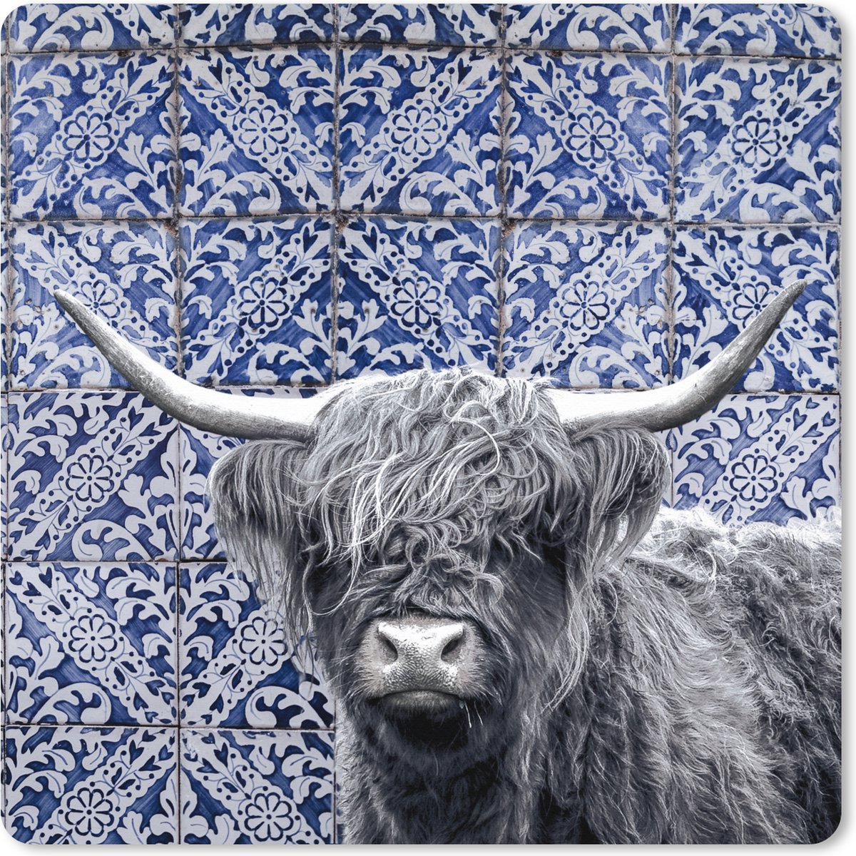Muismat XXL 80x80 cm - Bureau onderlegger - Bureau mat Schotse hooglander - Delfts blauw - Zwart - Wit - Bureaumat - Gaming mousepad xl - Bureaulegger groot - Computer deskmat