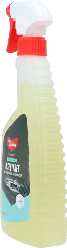 Spuitfles met gele Valma Insectfree reiniger. Verwijdert insectenresten van auto's, kunststof, glas, lak en chroom.