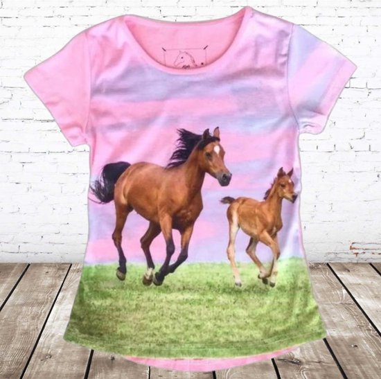 T-shirt rose avec cheval et poulain - s&C-86/92 t-shirts filles