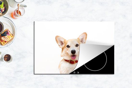 KitchenYeah® Inductie beschermer 81.6x52.7 cm - Corgi met halsband op witte achtergrond - Kookplaataccessoires - Afdekplaat voor kookplaat - Inductiebeschermer - Inductiemat - Inductieplaat mat