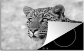 KitchenYeah® Inductie beschermer 81x52 cm - Portretfoto - Luipaard - zwart wit - Kookplaataccessoires - Afdekplaat voor kookplaat - Inductiebeschermer - Inductiemat - Inductieplaat mat