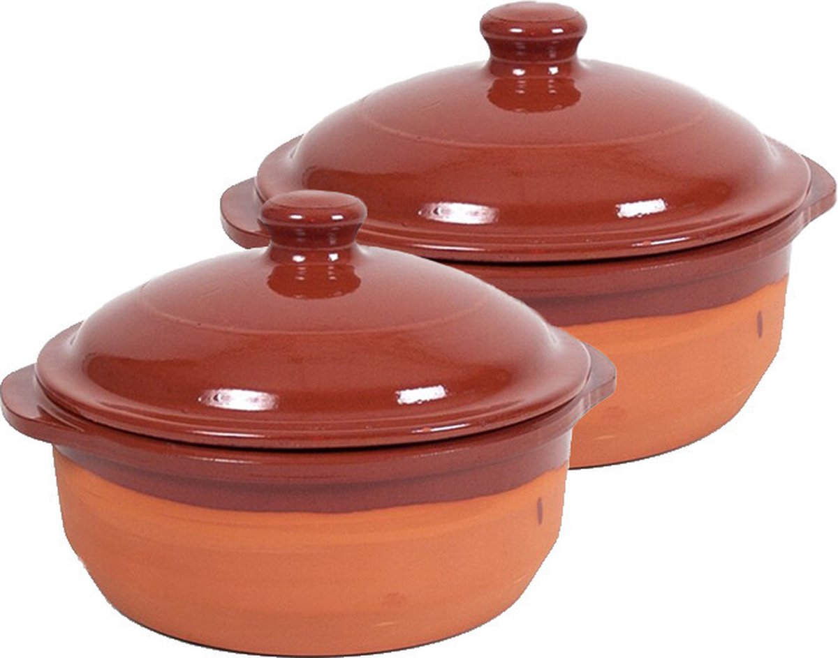 2x Stenen ovenschalen met deksel bruin 20 cm - Terracotta ovenschalen/braadpannen - pannetjes voor 1 persoon