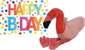 Pluche knuffel flamingo 32 cm met A5-size Happy Birthday wenskaart - Verjaardag cadeau setje - Een knuffel sturen