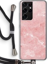 Case Company® - Hoesje met koord geschikt voor Samsung Galaxy S21 Ultra hoesje met Koord - Roze marmer - Telefoonhoesje met Zwart Koord - Bescherming aan alle Kanten en Over de Schermrand