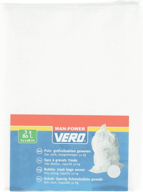 Set van 18x Grofvuil afvalzakken 80 liter wit - 65 x 98 cm - Geweven - Extra stevig - Tuin/bouw afvalzakken voor grofvuil van Primaware — afbeelding 2