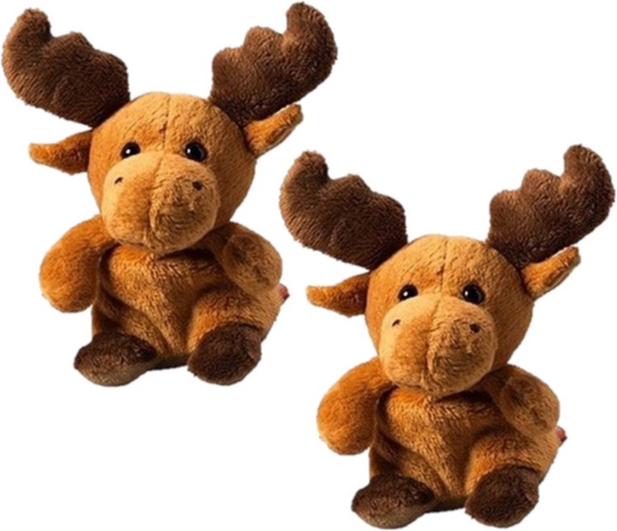 MBW pluche knuffel eland - 2x - 14 cm - dieren knuffels - elanden - bruin
