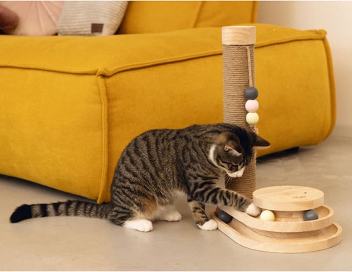 Designed by Lotte Inez Krabpaal - Hout/Jute - Incl speeltoren met balletjes - Bruin - 38x25,5x47,5 cm — afbeelding 6