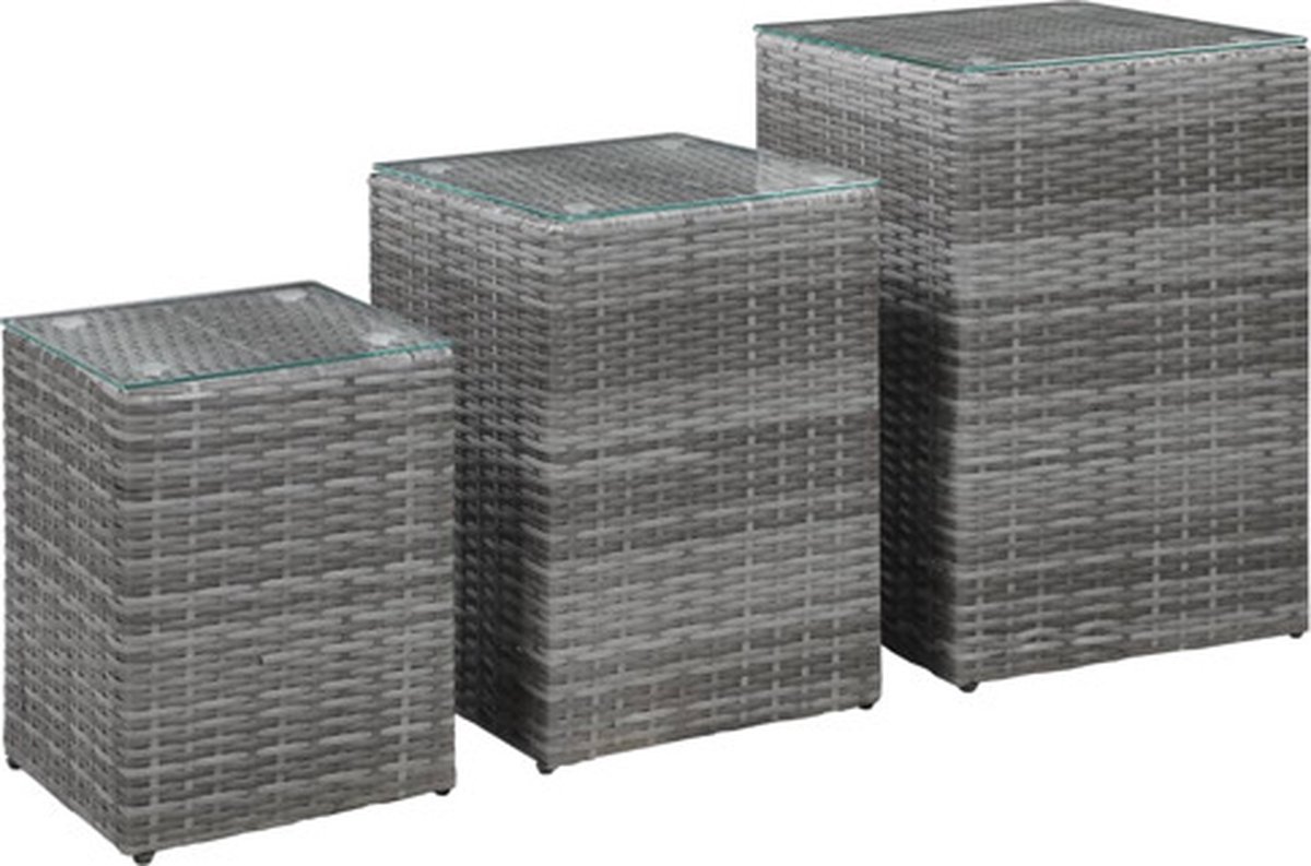 vidaXL 3-delige - Bijzettafelset - met - glazen - blad - poly - rattan - grijs