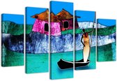 Trend24 - Canvas Schilderij - Vrouw In Een Boot - Vijfluik - Oosters - 100x70x2 cm - Groen