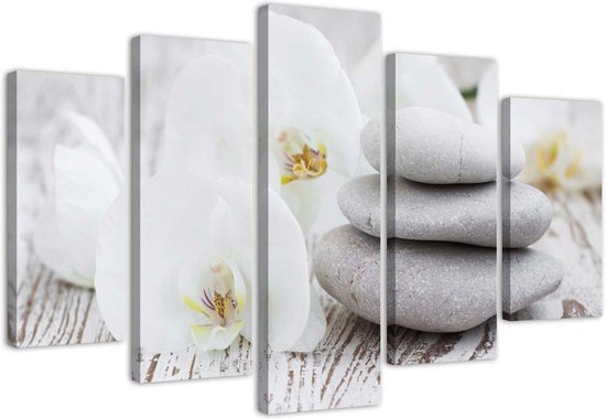 Trend24 - Peinture sur toile - Orchidée Zen White Et Pierres - Pentaptyque - Fleurs - 150x100x2 cm - Beige