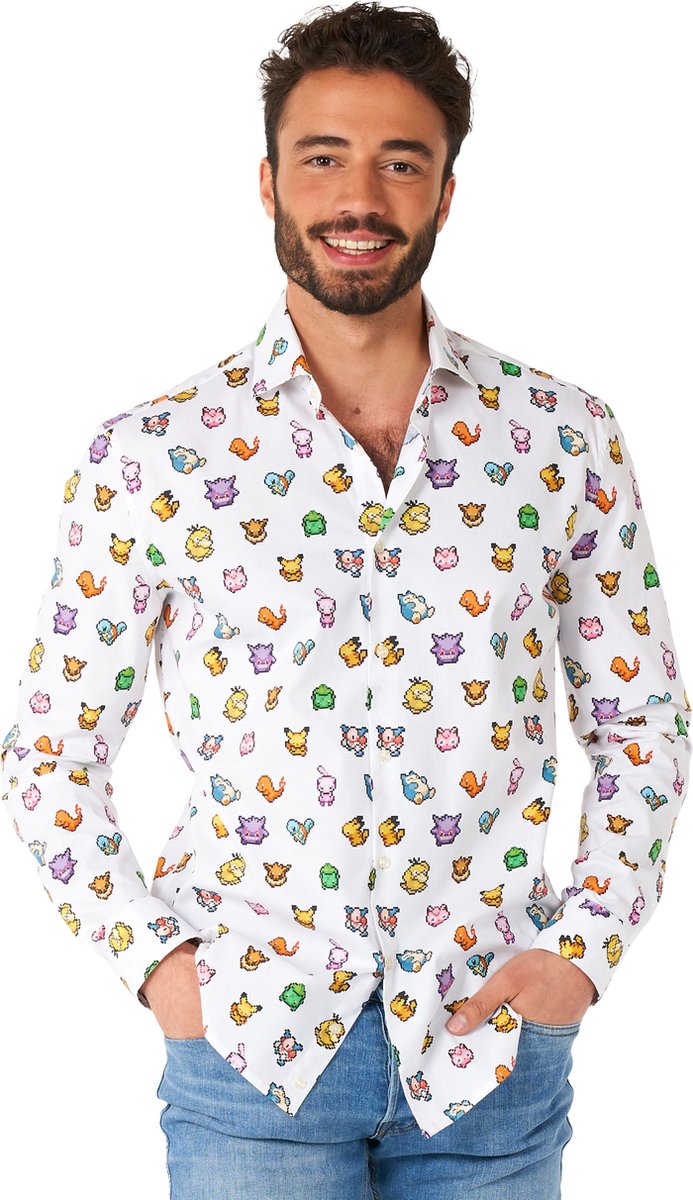 OppoSuits Lange Mouwen Overhemd Pixel Pokémon™ - Heren Carnavals Overhemd - Casual Gaming Pikachu Bulbasaur Squirtle Charmander Shirt - Wit - Maat EU 43/44