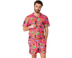 OppoSuits Rick & Morty™ Surreal Heren Zomer Set  - Bevat Shirt En Shorts - Tropische Zwem Kleding - Rood - Maat M