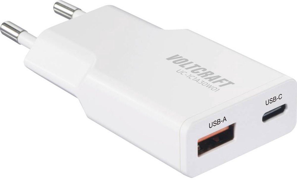 VOLTCRAFT UC-1C1A30W01 USB-oplader 30 W 1x USB-A, 1x USB-C Fast Charge, USB PD 3.0 Wit GaN