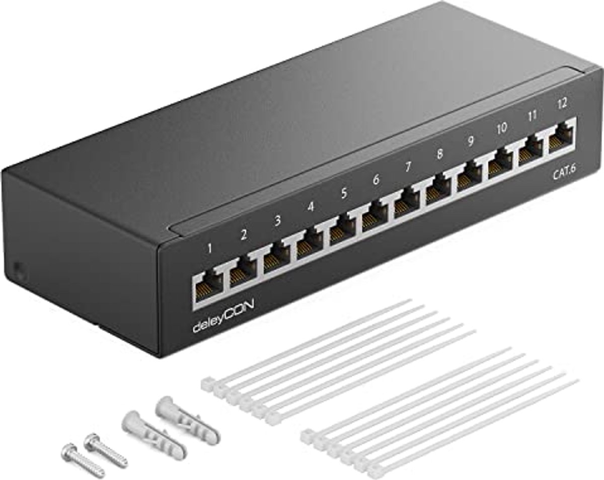 CAT 6 Patchpaneel 12 Poorten - Afgeschermd 1U wand- en desktopmontage, RJ45 aansluitingen voor professioneel gebruik