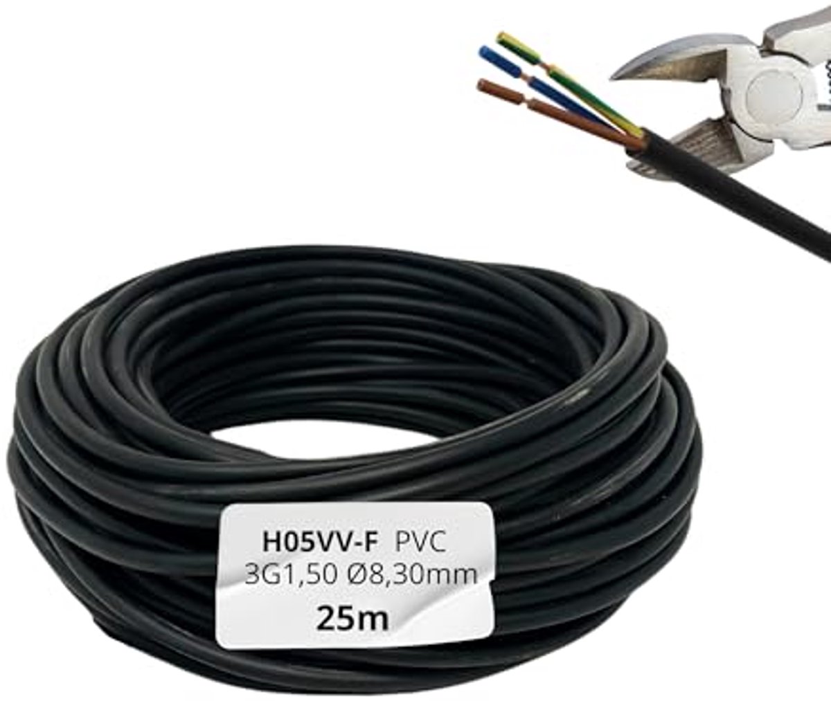 Flexibele ronde PVC kabel 25m 3G1,5 mm² voor lampen en apparaten