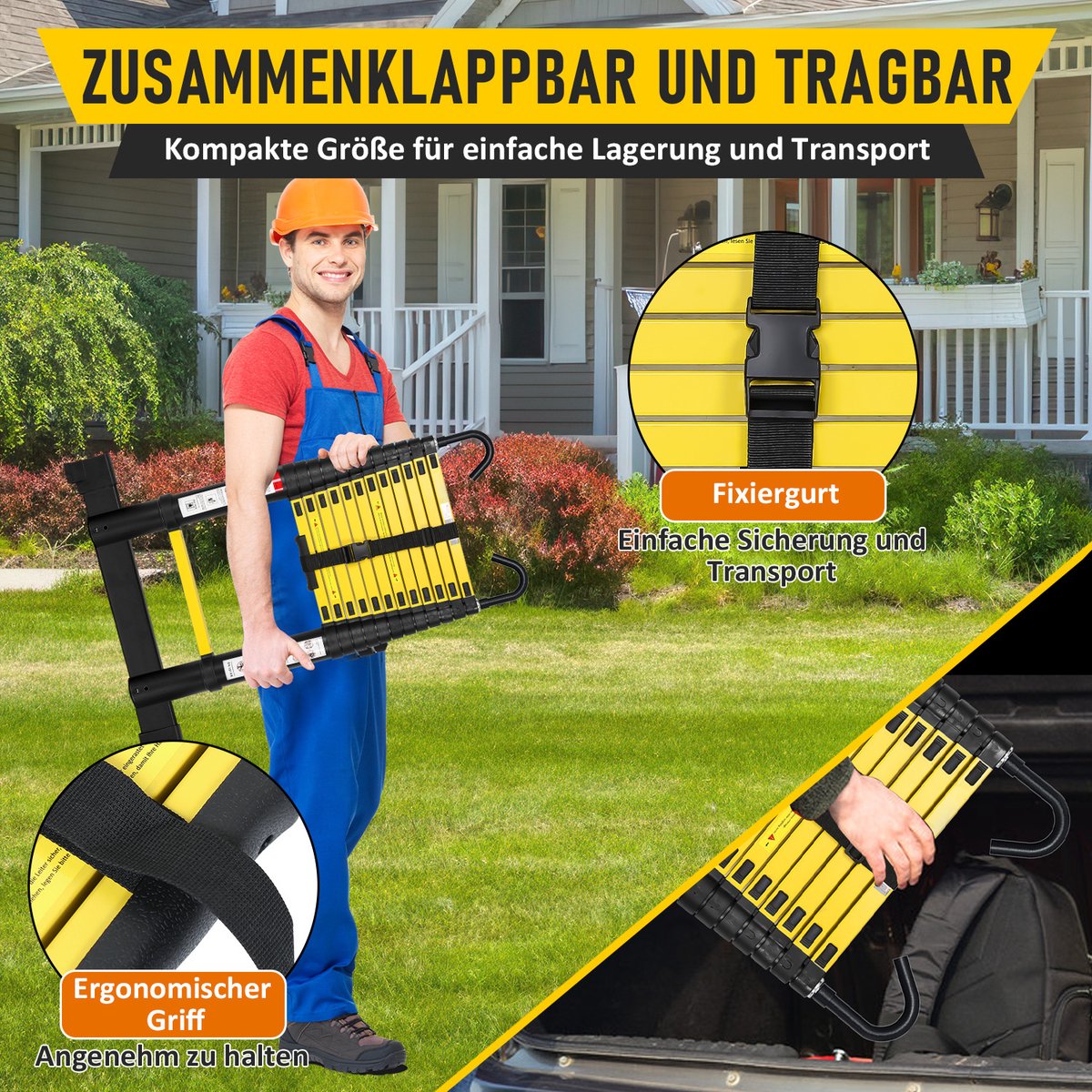 Telescopische Vouwladder - Telescopische Ladders - Werkhoogte 3,8M Zwart - zilverachtig - lichte uittrekbare ladder - met Barre d'équilibre en haken – foto 8