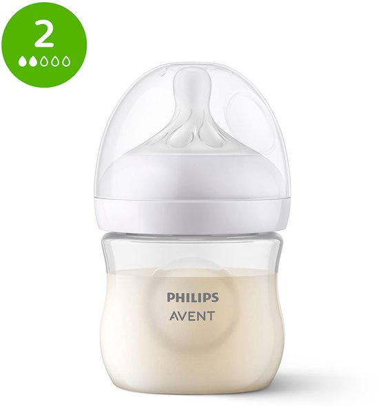 Philips Avent babyfles van 125 ml, gevuld met melk, met witte speen, transparante dop en flow indicator '2'.