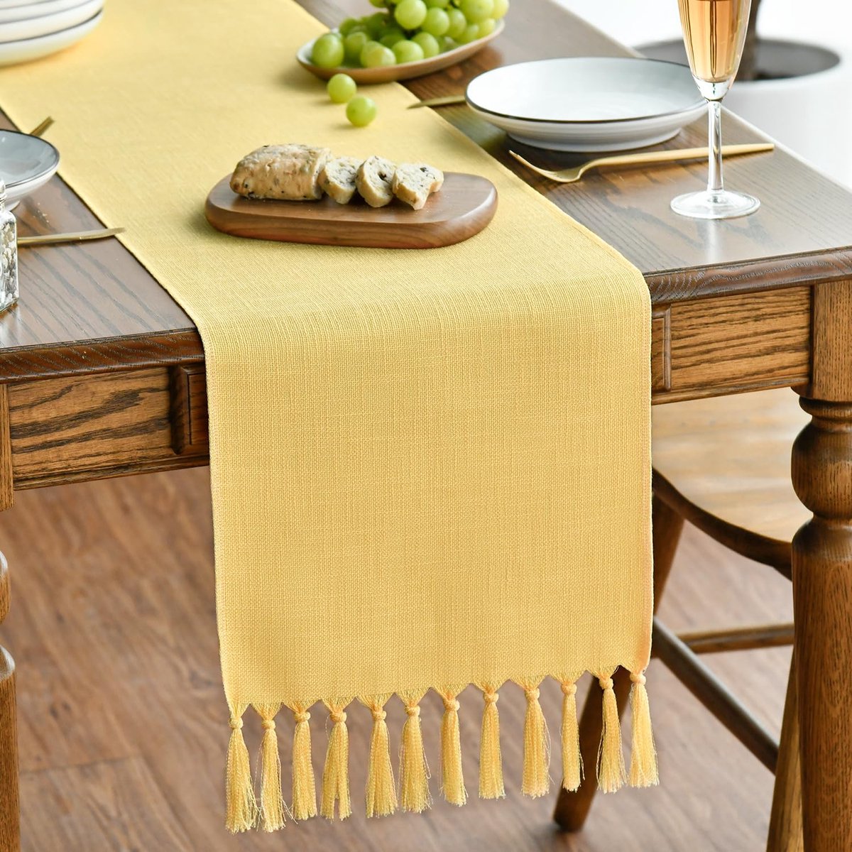 Tafelloper - Landelijke stijl met kwastjes - Wasbaar - Voor keukentafel decoratie - Geel - 33x243 cm