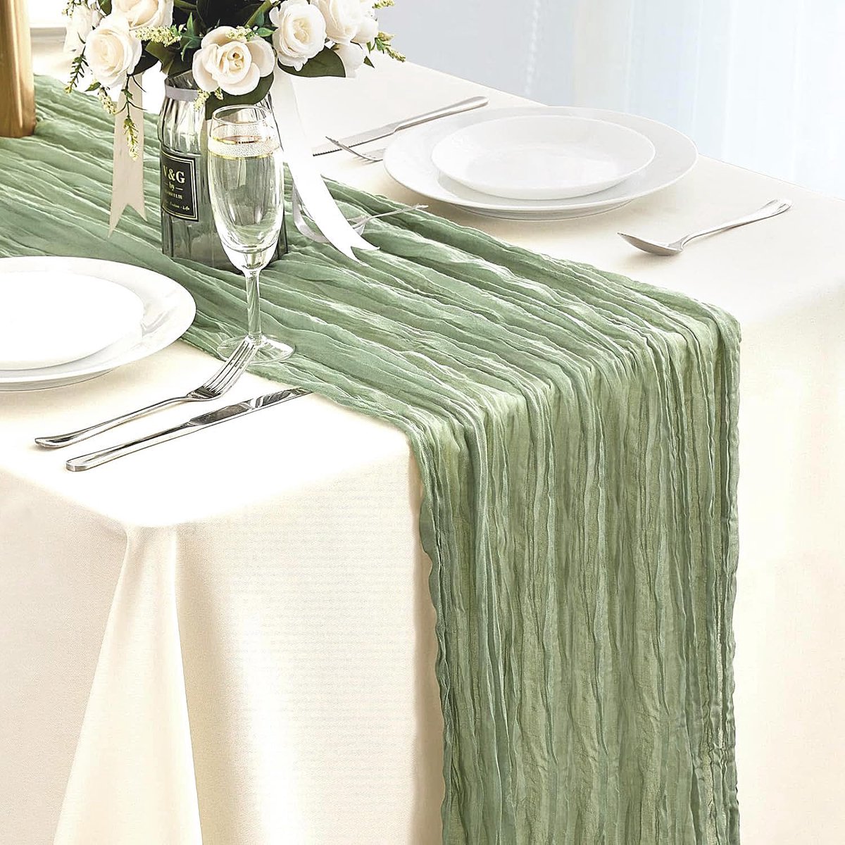 Tafelloper - Boho stijl van biologisch katoenen gaasdoek - Herbruikbaar - Rustieke tafeldecoratie voor bruiloften en feesten - Lichtgroen - 90x300 cm