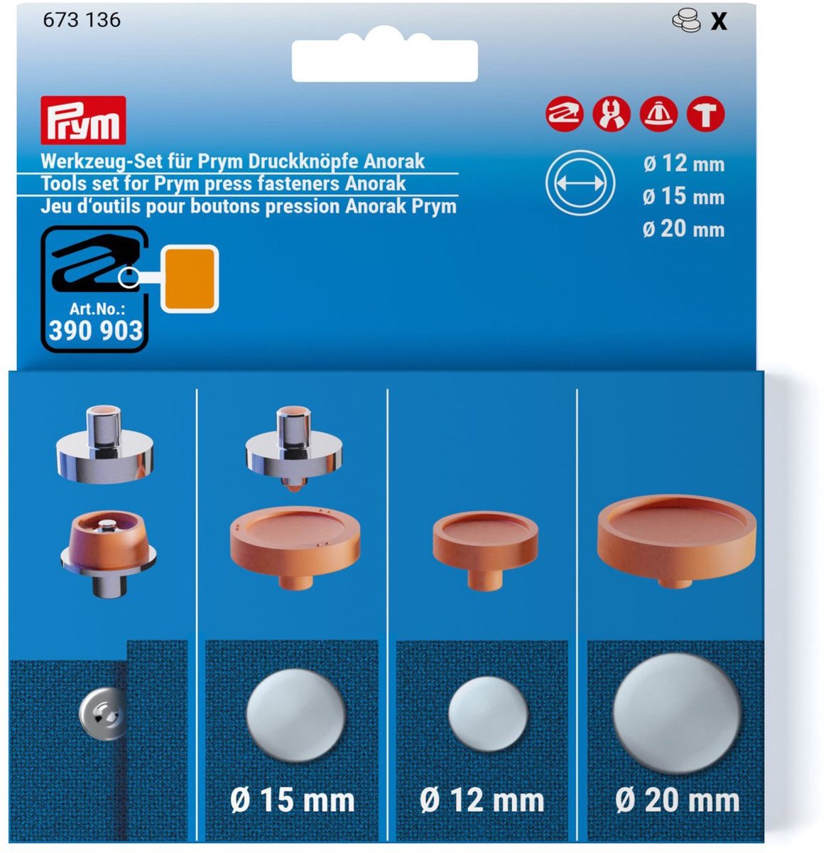 PRYM Gereedschapset drukknop.Anorak 12+15+20mm 673136 - Drukknopen Anorak - Prym