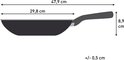 Schematische weergave van een wokpan met afmetingen: 47,9 cm (lengte), 29,8 cm (binnendiameter), 8,9 cm (hoogte).