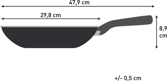 Schematische weergave van een wokpan met afmetingen: 47,9 cm (lengte), 29,8 cm (binnendiameter), 8,9 cm (hoogte).