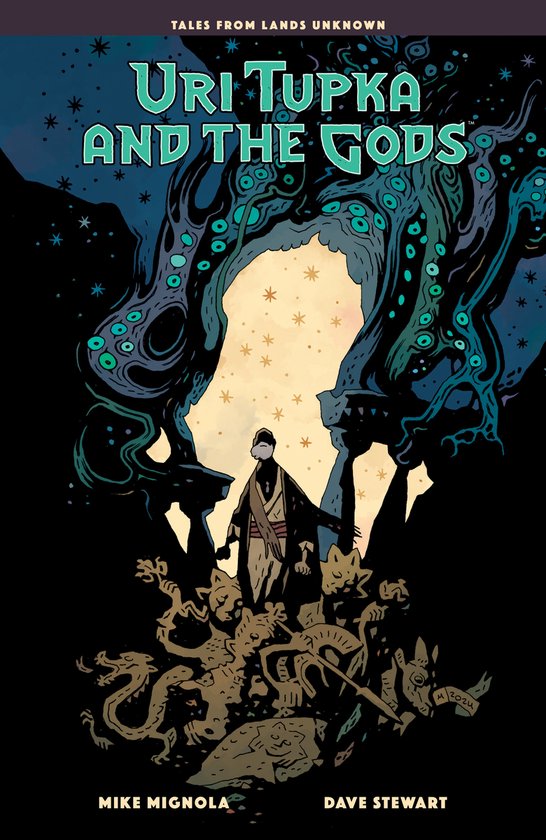Boekomslag van 'Uri Tupka and the Gods: Another Story from Lands Unknown'. Een man staat bovenop wezens, met een achtergrond van sterren en tentakels.