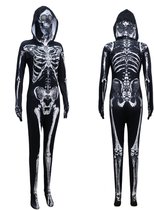 Joya Kids® Verkleedpak Skelet | Halloween Kostuum Kind & Volwassene | Stretch Jumpsuit met Capuchon & Masker | Verkleedkleding Met Sokken & Handschoenen | Maat 180 / S / 36-38
