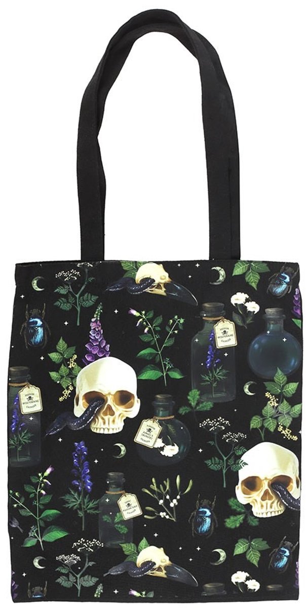 Gothic Botanisch 'Venom & Vines' Polycotton Tote Bag - Zwarte Schedel & GIF-Flesjes Draagtas - 70 cm