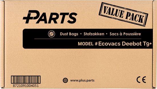 Une boîte en carton avec le logo "Plus.Parts", "Value Pack", "Dust Bags", "MODEL # Ecovacs Deebot T9+".
