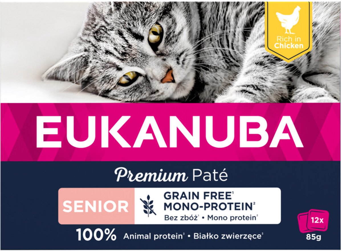 Eukanuba Premium Paté Graanvrij Senior Kattenvoer Nat Kip Multi-Pack – 12 x 85 gr
