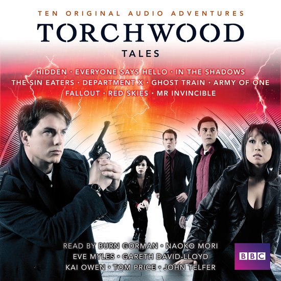 Cover Torchwood Tales met castleden voor een achtergrond van bliksem en een tunnel, inclusief titels van 10 audioverhalen.
