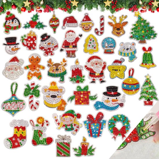 Foto: 36 stickers diamantschilderij kerststickers diamond painting kerstman rendier kerstboom complete diy kerstmis kit