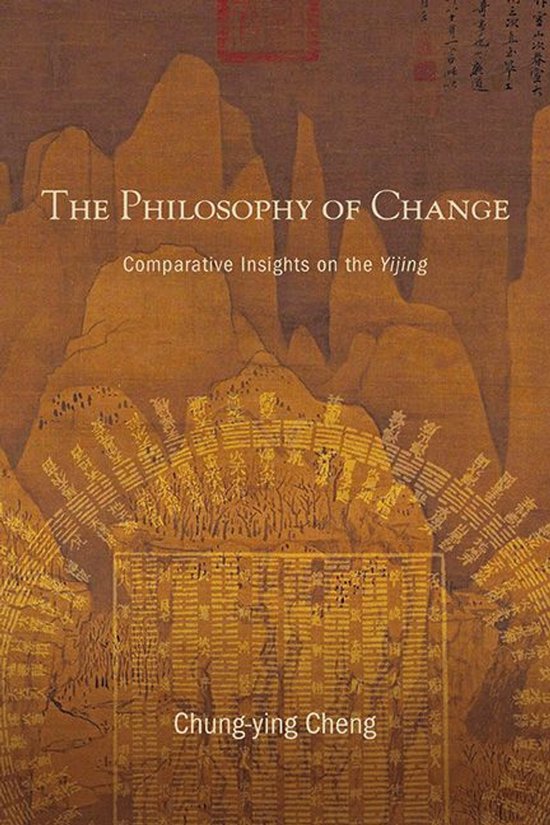 Boekhoes voor 'The Philosophy of Change' met bergen en Chinese karakters.