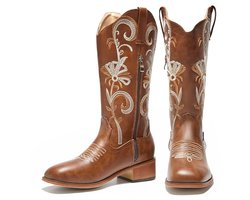 Comfortabele Cowboylaarzen voor Dames - Lage Hakken en Geborduurde Motieven