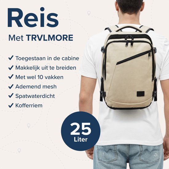 Beige rugzak met veel vakken, perfect voor reizen. 25 liter.
