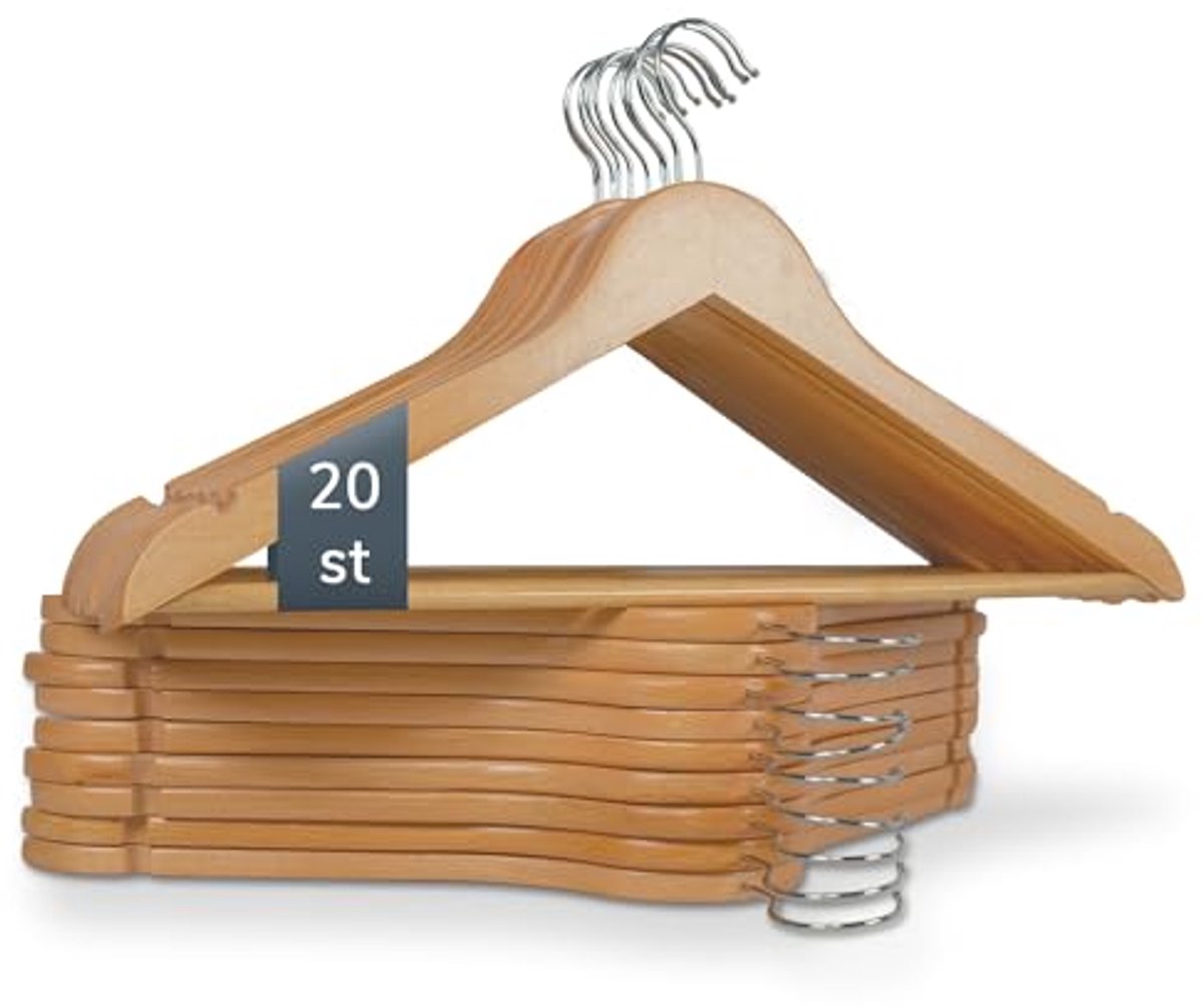 Houten kleerhangers met ruimtebesparend ontwerp en 360° haak – Set van 20 stuks