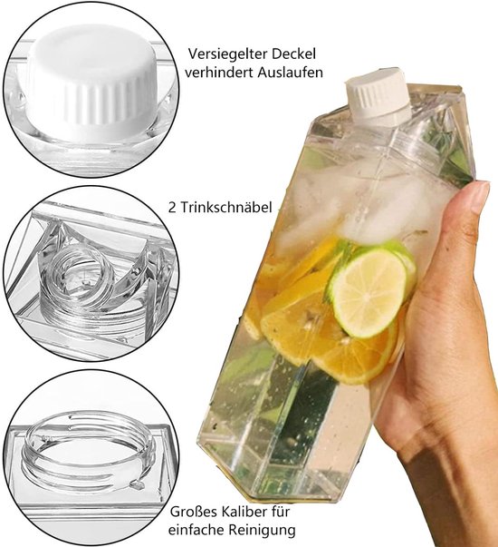 Pack of 2 transparante melkdozen - waterfles - herbruikbare melkcarton met bekertje en borstel - voor het opslaan van drankjes - picknicks - kamperen - melk - sinaasappelsap - bier in de koelkast - 1 liter — afbeelding 4