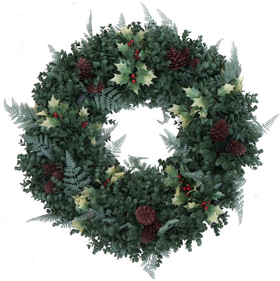 Kunstkrans MCW-O98, deurkrans, tafelkrans, decoratie, kunstmatig, Ø 60 cm ~ groen met rode bessen
