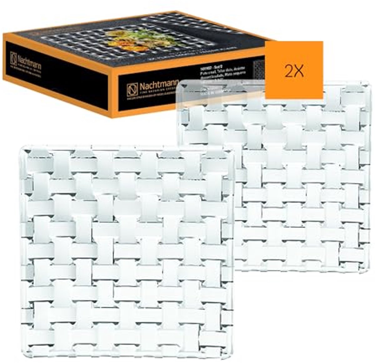 2-delige vierkante serveerplaatset van kristalglas, 14 cm