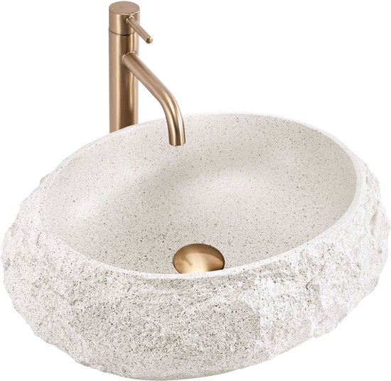 Beige opzetwastafel van natuursteen, 48x38x11,5cm, met gouden kraan.
